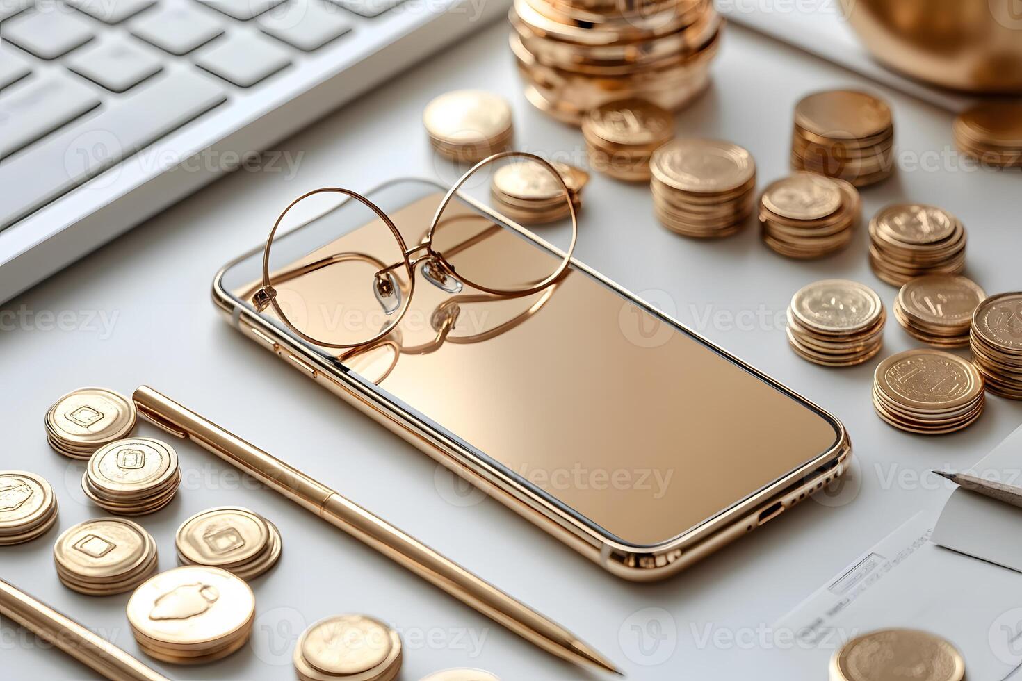 Golden Wealth Elements Smartphone, Coins, and Glasses on Desk for Financial Concept photo