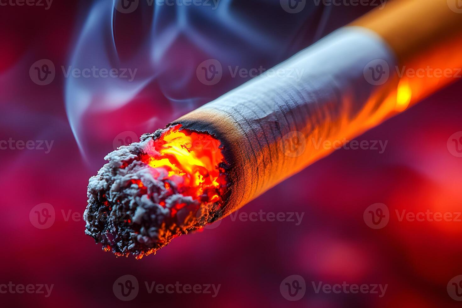 Burning Cigarette Macro Close-Up with Smoke and Glowing Ash photo