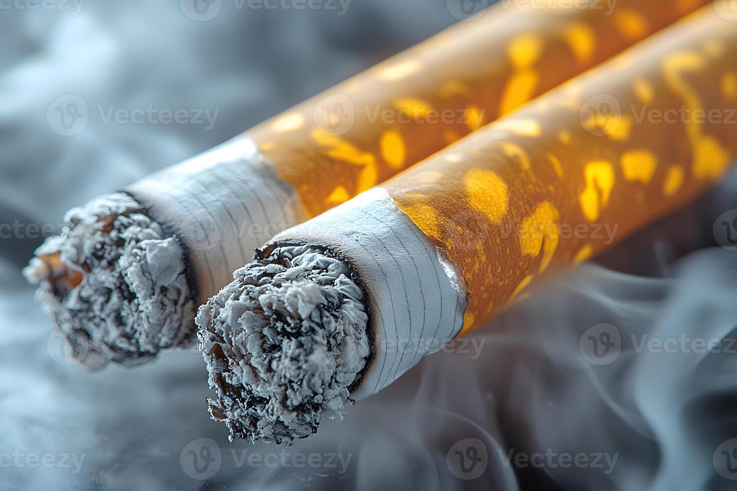 Close-Up of Lit Cigarettes with Ash and Smoke for Anti-Smoking Campaigns photo