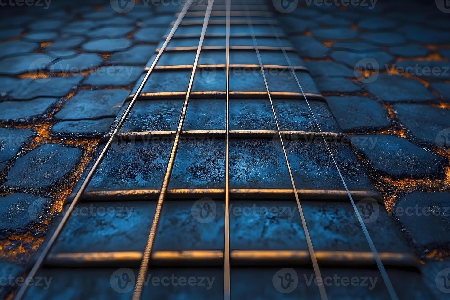 Close-Up of Guitar Strings on Cobblestone Background for Music-Themed Design photo