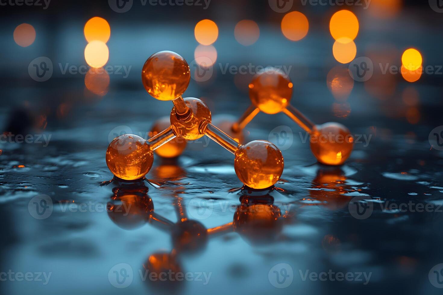 Molecular Structure with Orange Spheres on Wet Surface for Scientific Visualization photo