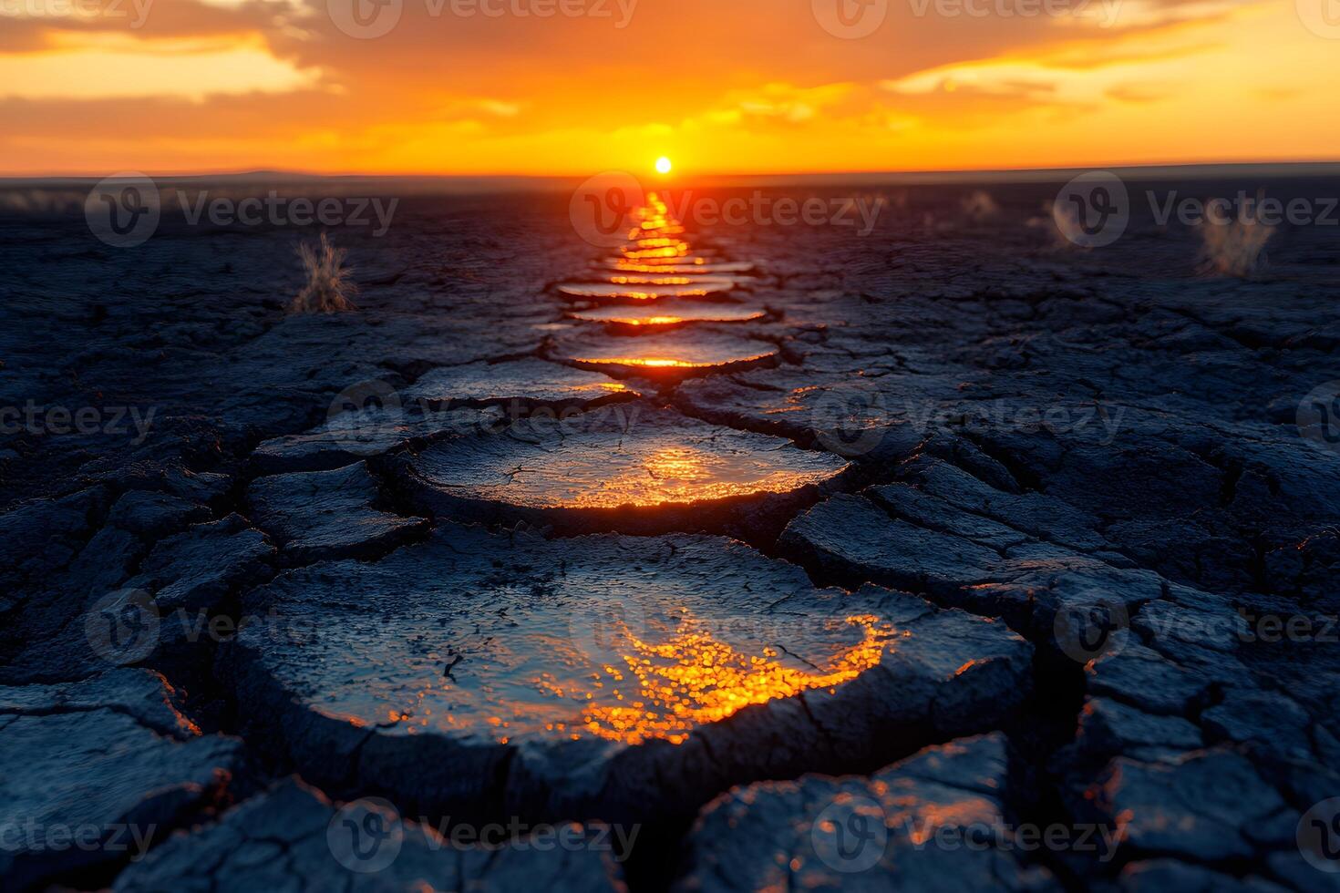 Sunset Over Cracked Earth Landscape Environmental Drought and Climate Change Concept photo