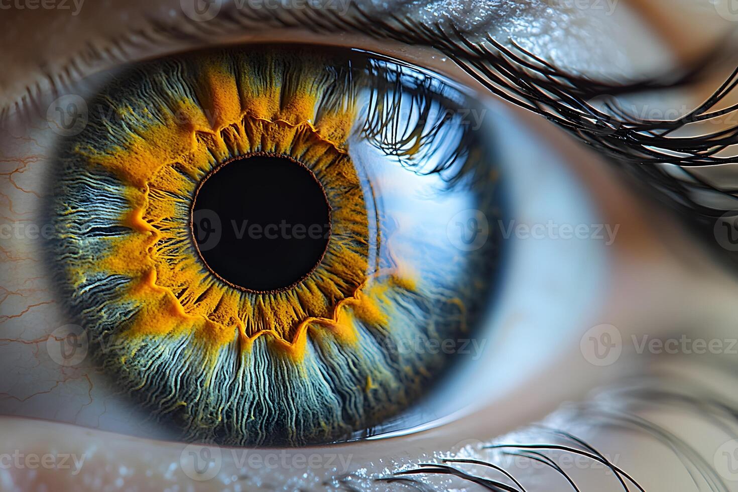 Close-Up of Human Eye with Vibrant Iris Patterns for Medical and Artistic Design photo