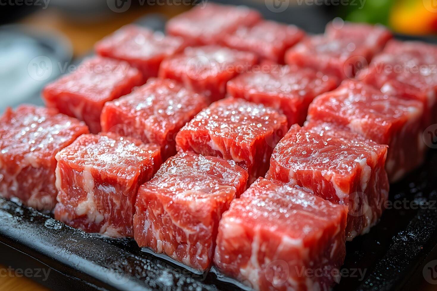 Fresh Cubes of Raw Beef Steak for Culinary Preparation and Grilling photo