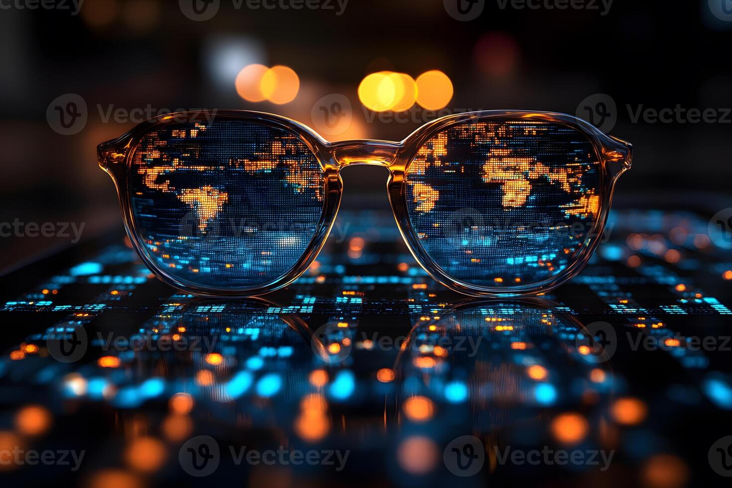 World Map Reflected in Eyeglasses with Futuristic Digital Interface photo