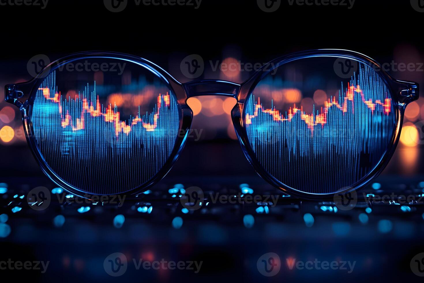 Futuristic Financial Analysis Concept with Data Reflections in Glasses for Innovative Business Design photo