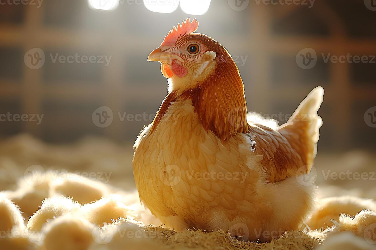 Hen with Chicks in Sunlit Barn - Rural Farm Life and Animal Care Imagery photo