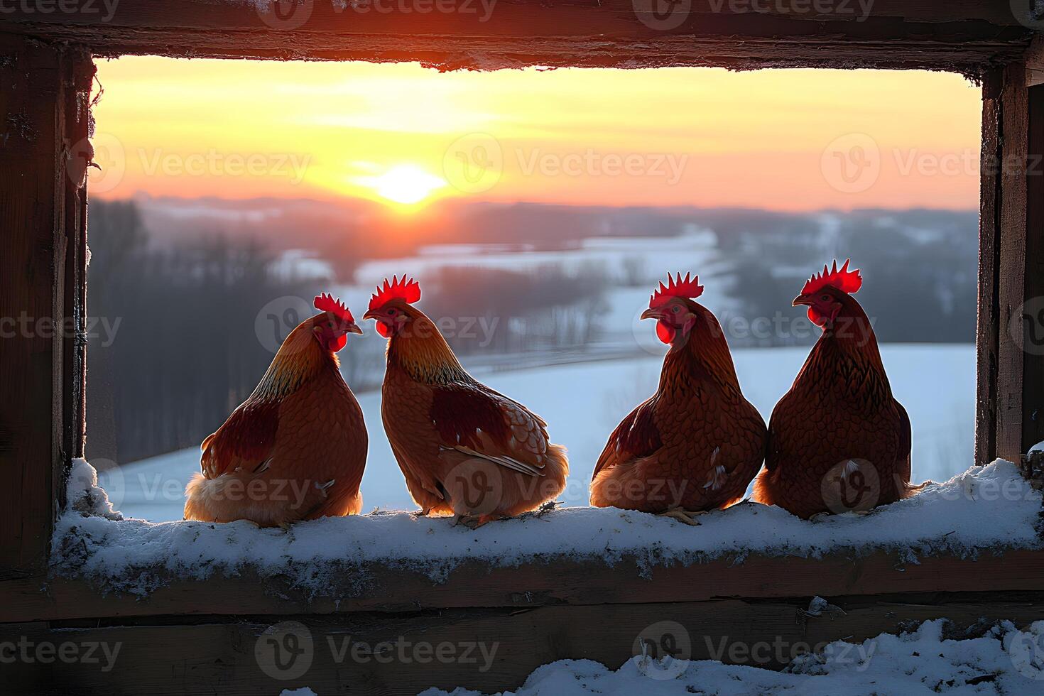 Chickens at Sunset in Winter Landscape - Rustic Farm Scene for Artistic Design photo