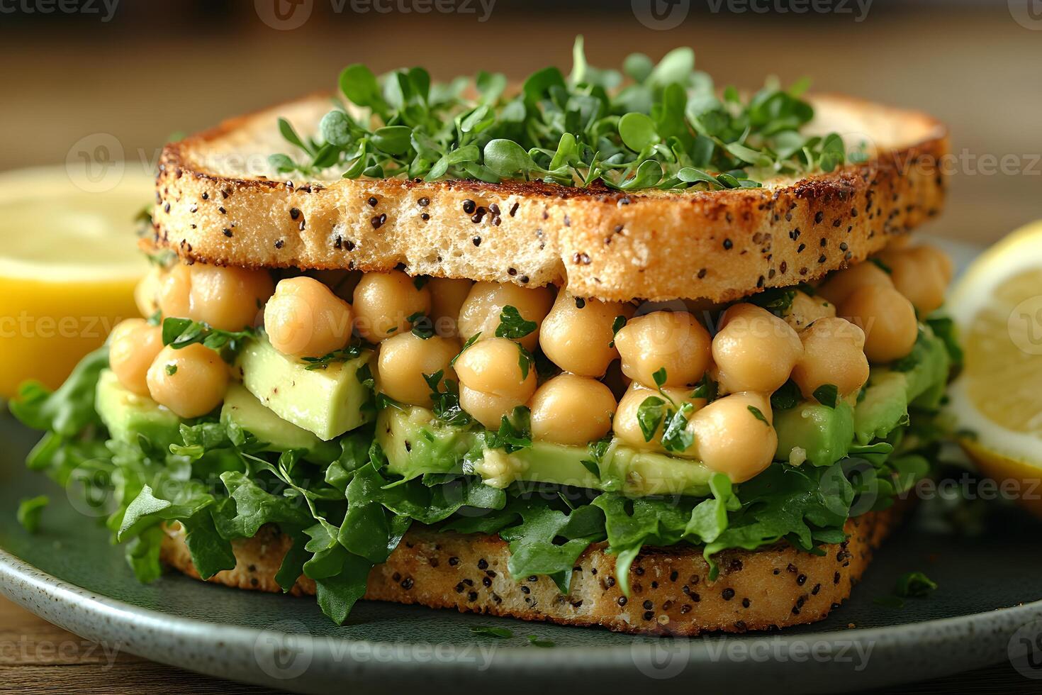 Fresh Vegan Chickpea and Avocado Sandwich with Microgreens on Whole Grain Bread photo