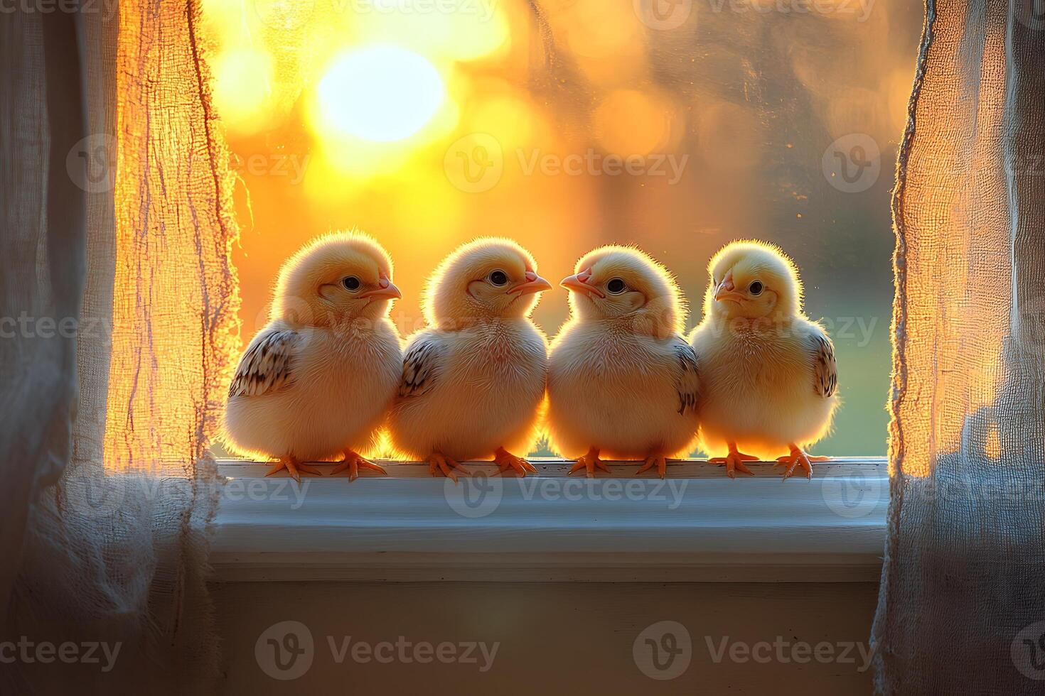 Adorable Baby Chicks on Window Sill at Sunset Cozy Springtime Scene for Home Decor photo