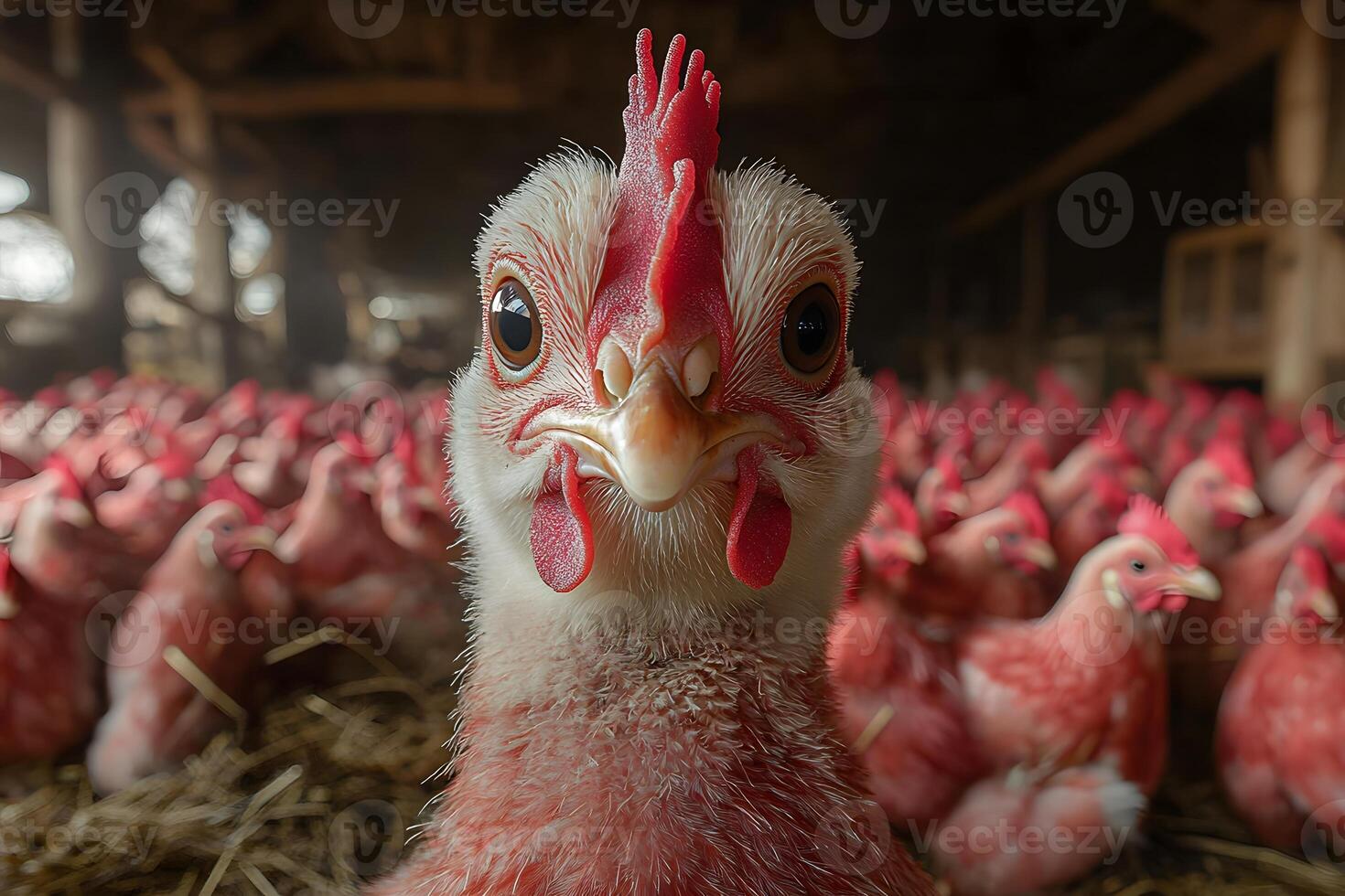 Close-Up of a Chicken in a Bustling Barnyard Setting photo