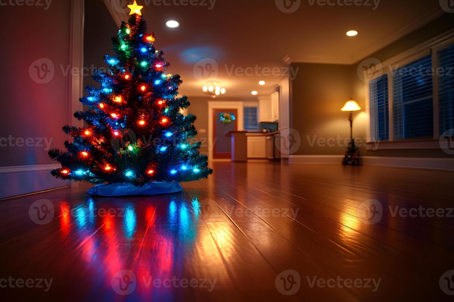 Cozy Christmas Interior with Illuminated Tree and Warm Lighting for Holiday Cheer photo