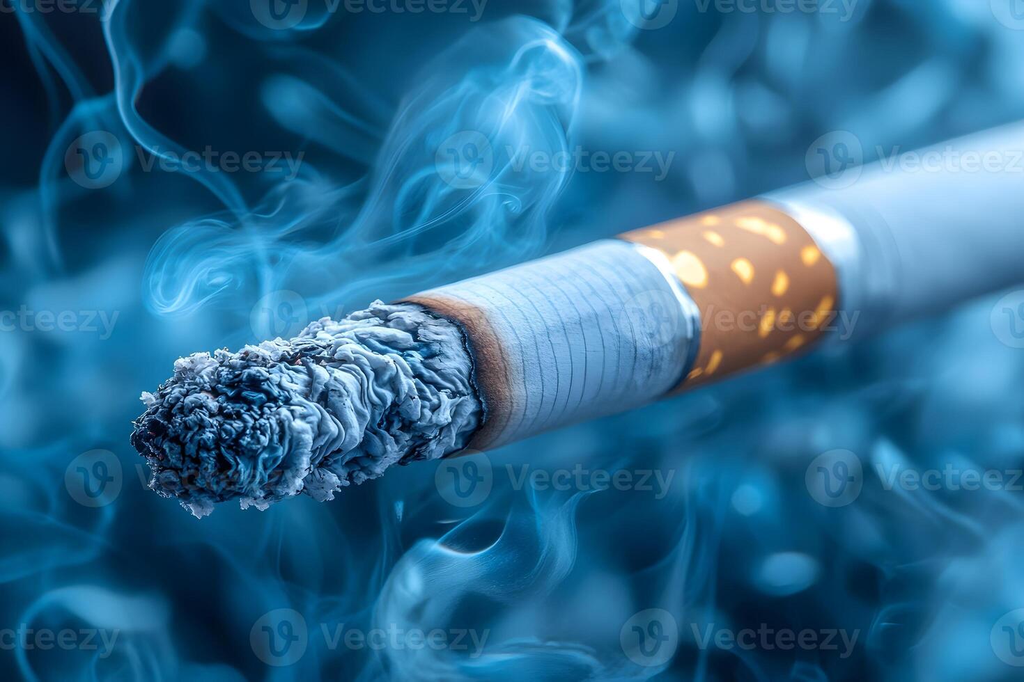 Close-Up of Burning Cigarette with Smoke for Health Awareness and Design photo