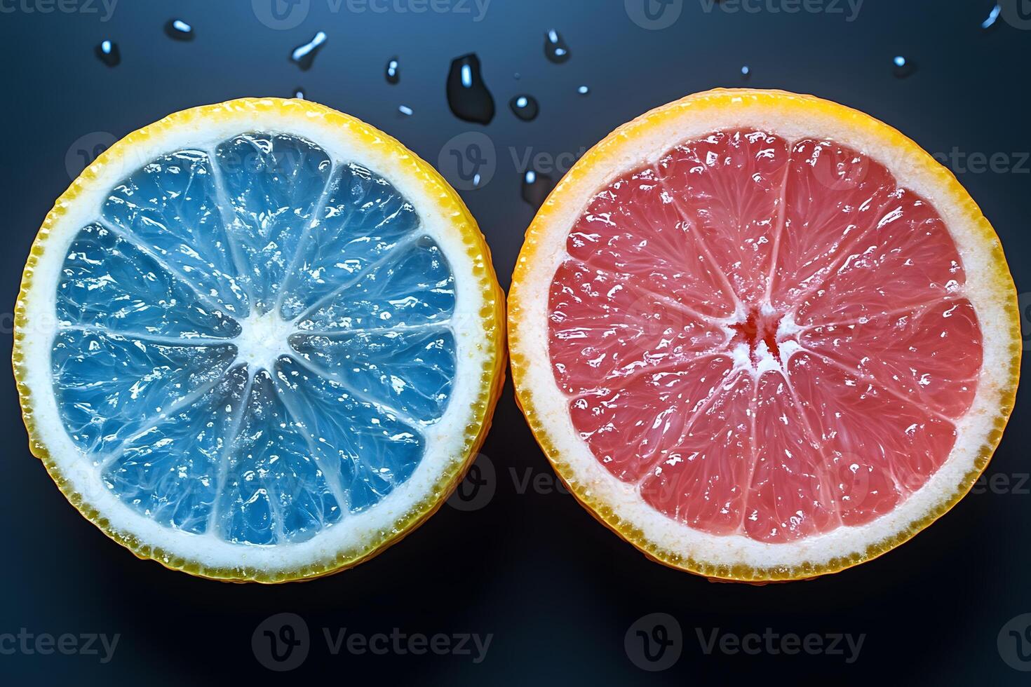 Colorful Citrus Contrast Artistic Split of Vibrant Grapefruit and Lemon photo