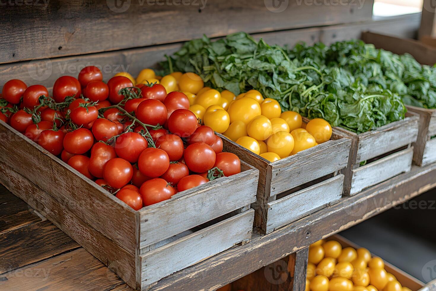 Fresh Produce Display Featuring Tomatoes and Leafy Greens for Farmers Market Design photo