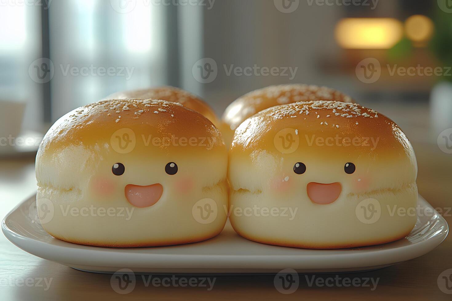 Cute Smiling Bread Buns on Plate in Cozy Setting for Bakery and Kitchen Decor photo