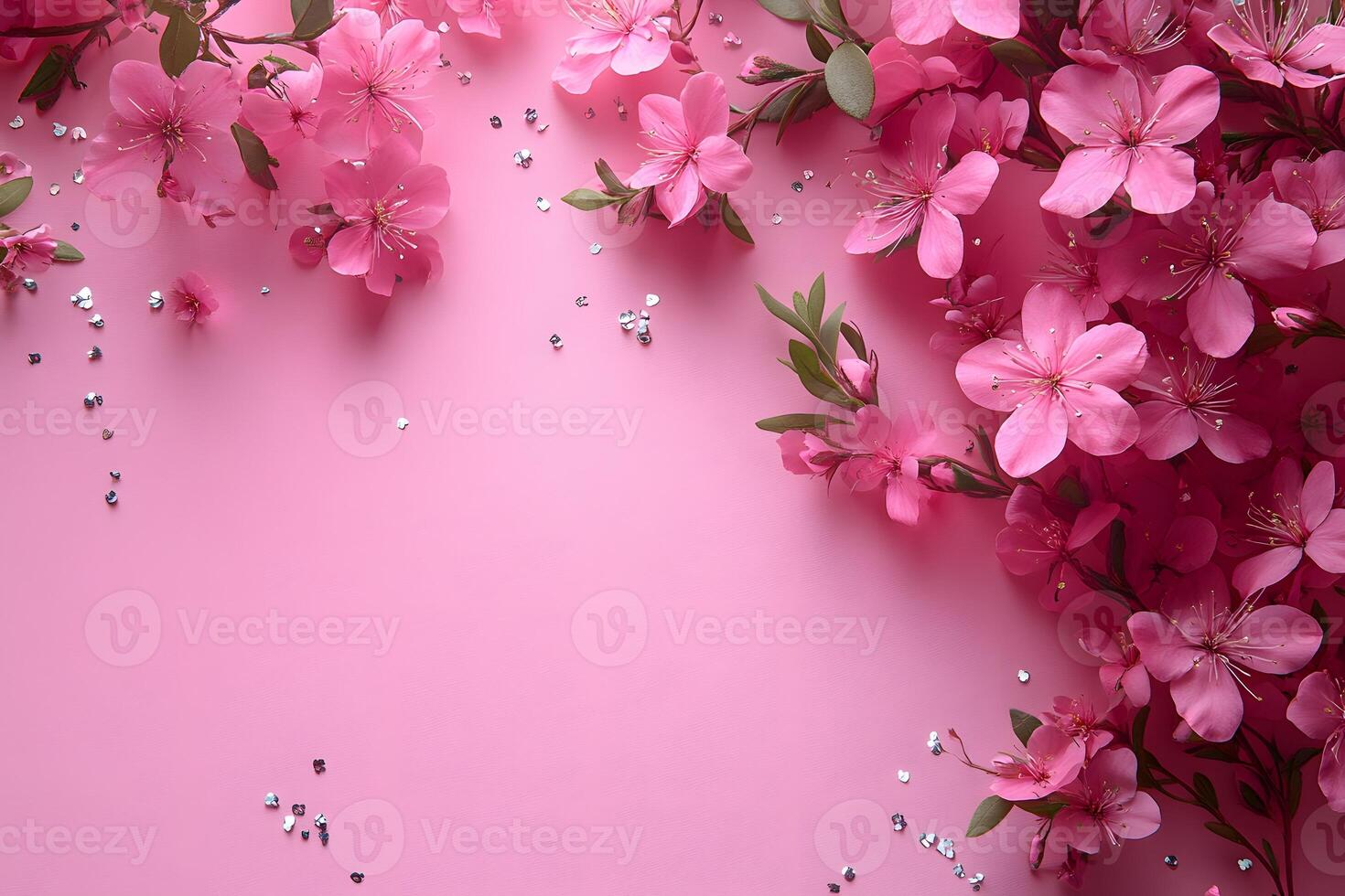 Spring Floral Arrangement with Pink Blossoms on a Pink Background for Design Projects photo