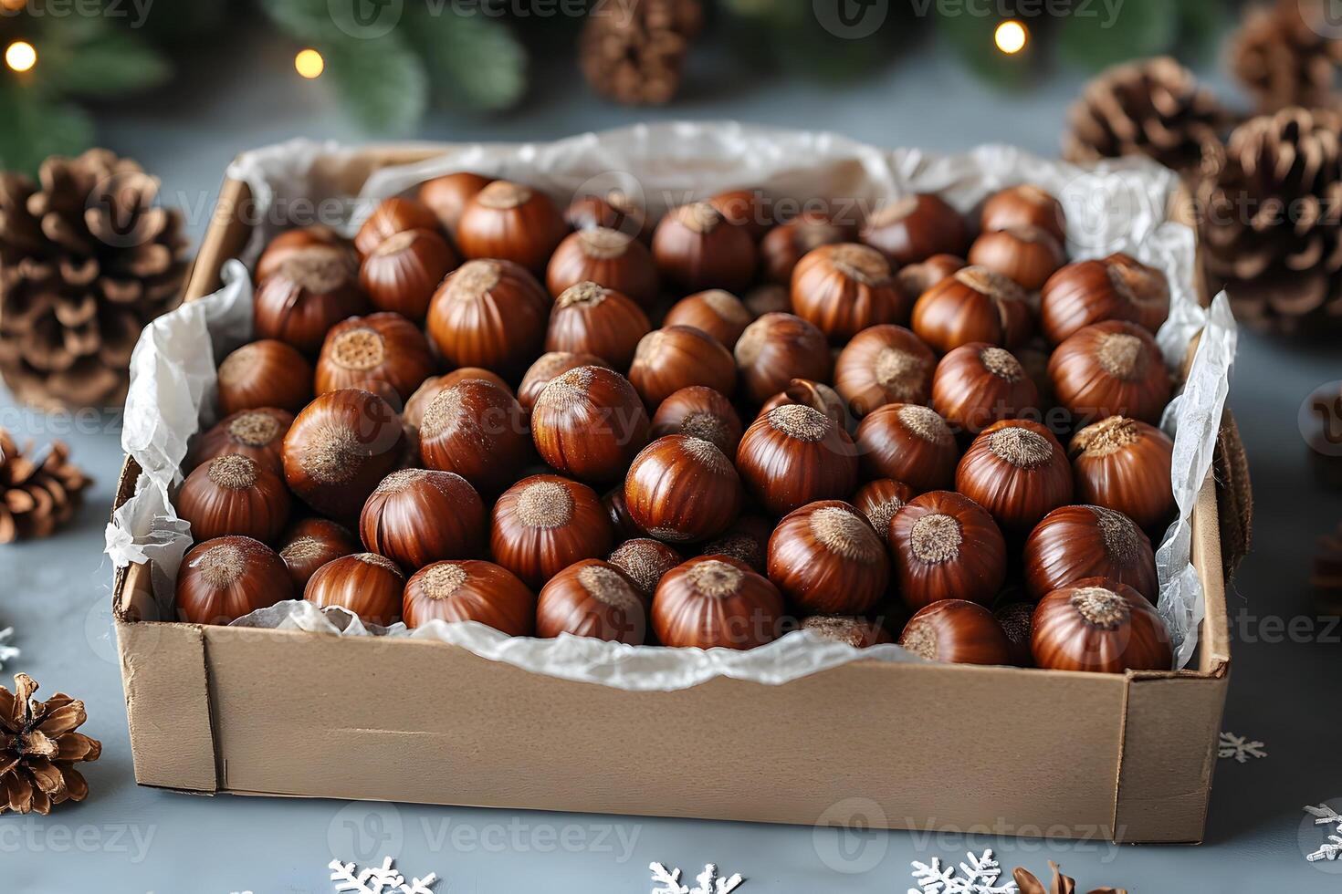 Festive Display of Fresh Hazelnuts in Rustic Box for Holiday Decor and Culinary Delight photo