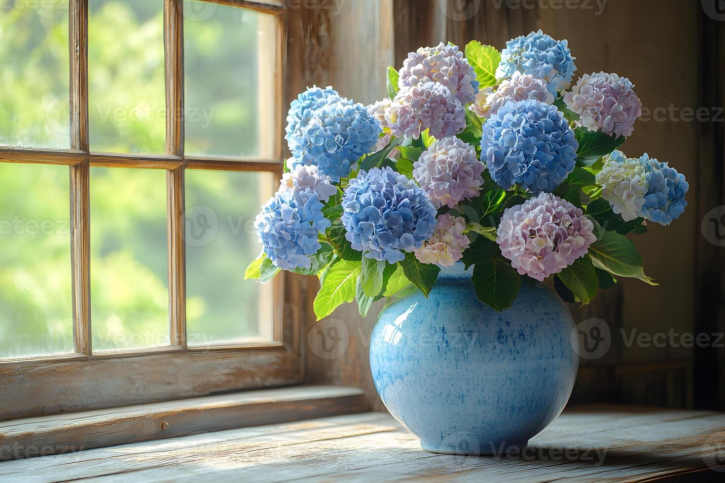 Serene Hydrangea Bouquet by Sunlit Window - Perfect for Floral Decor and Spring Inspiration photo