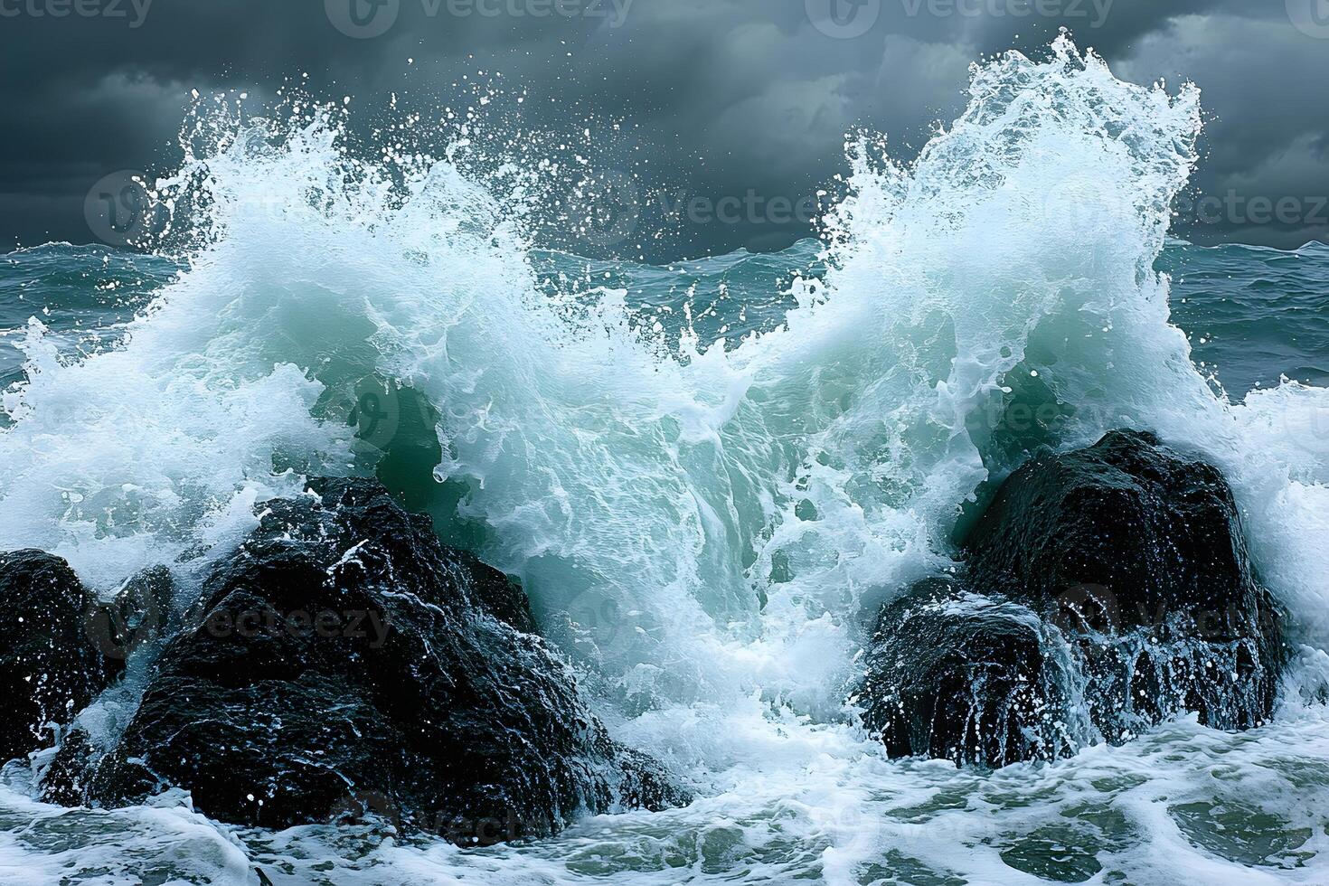 Majestic Ocean Waves Crashing Against Rocky Coastline During Stormy Weather photo