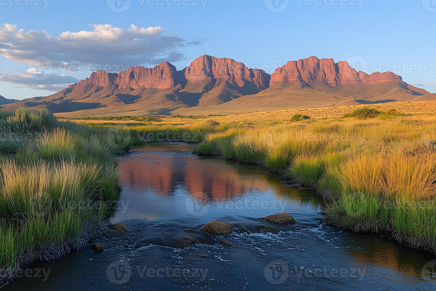 Serene Sunset Landscape with Rocky Mountains and Reflective Stream for Nature Photography photo