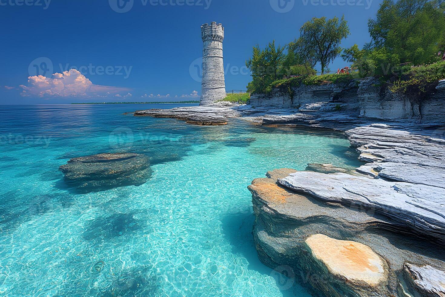 Tranquil Coastal Landscape with Ancient Tower and Clear Blue Waters for Travel Photography photo