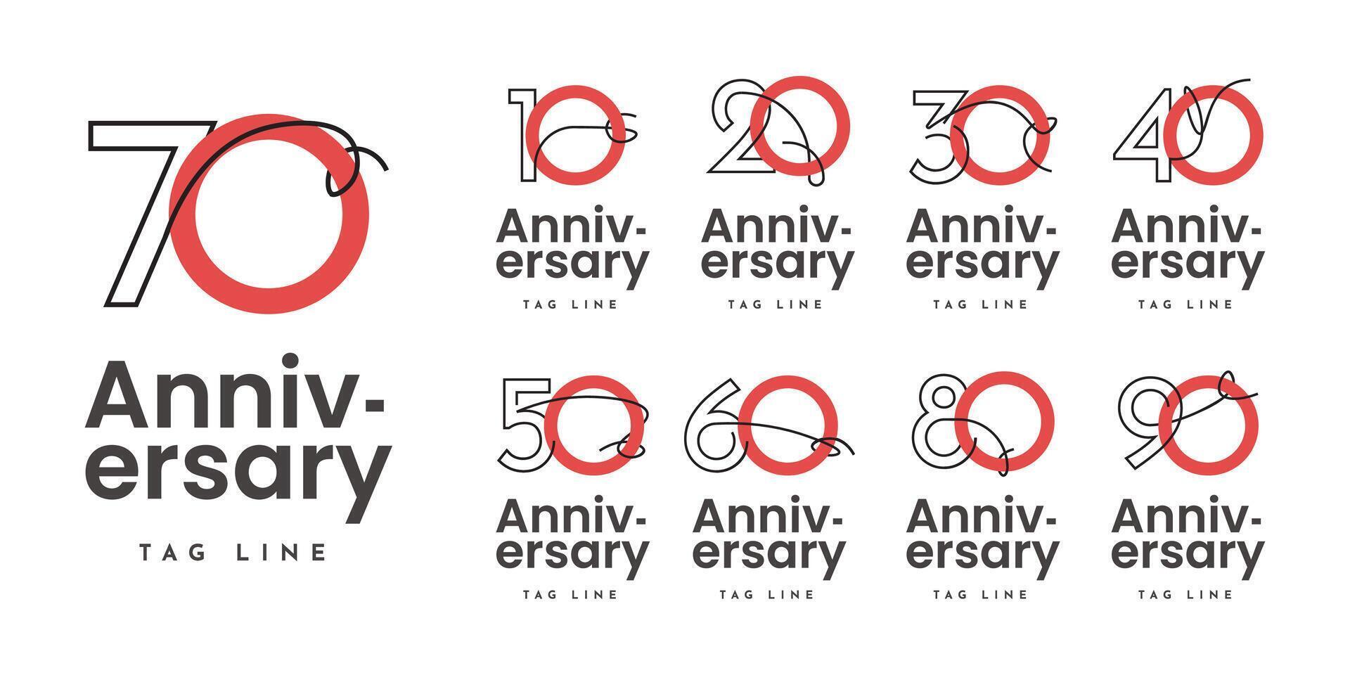 Set 10 20 30 to 90 years anniversary template design vector