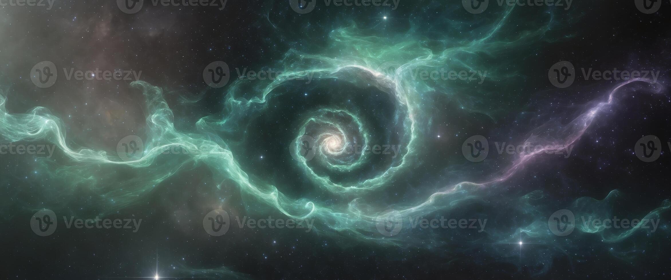 A cosmic emerald spiral nebula swirls amidst stardust and dark matter creating celestial beauty photo