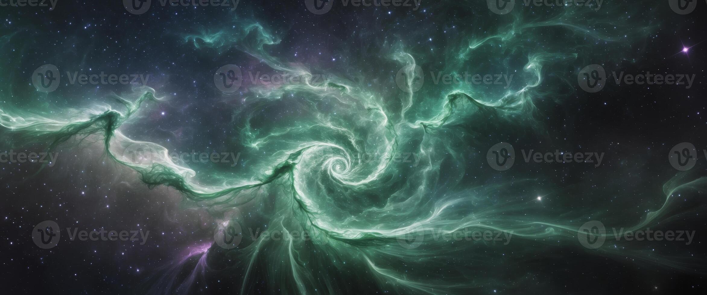 A cosmic emerald spiral nebula swirls amidst stardust and dark matter creating celestial beauty. photo