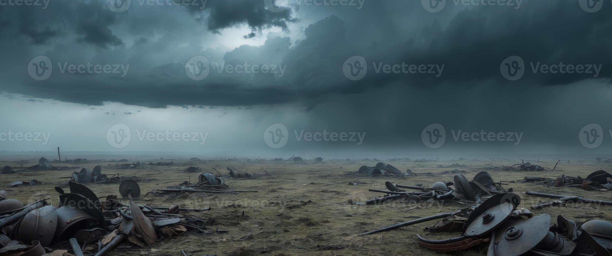 A desolate battlefield haunted by the spirits of fallen warriors under a stormy sky. photo