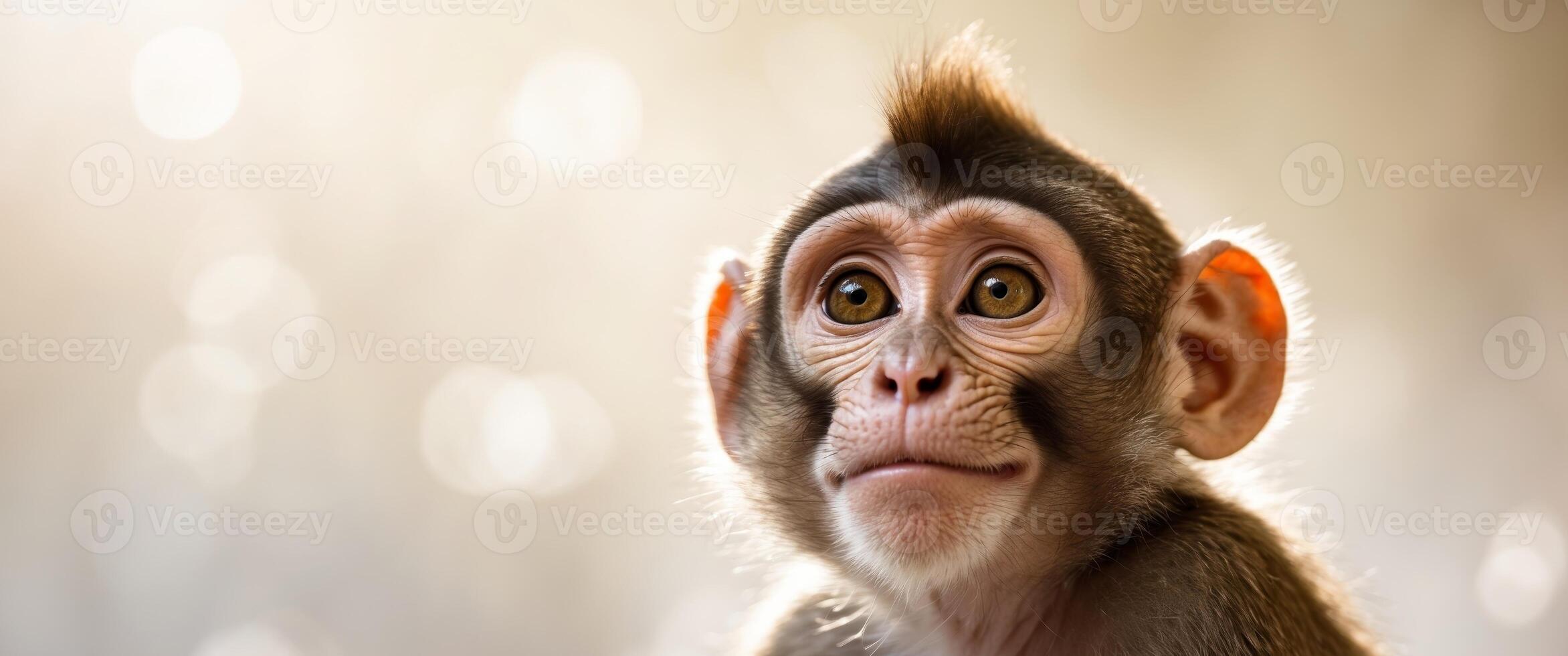 a monkey looking up at something with a blurry background behind it. photo