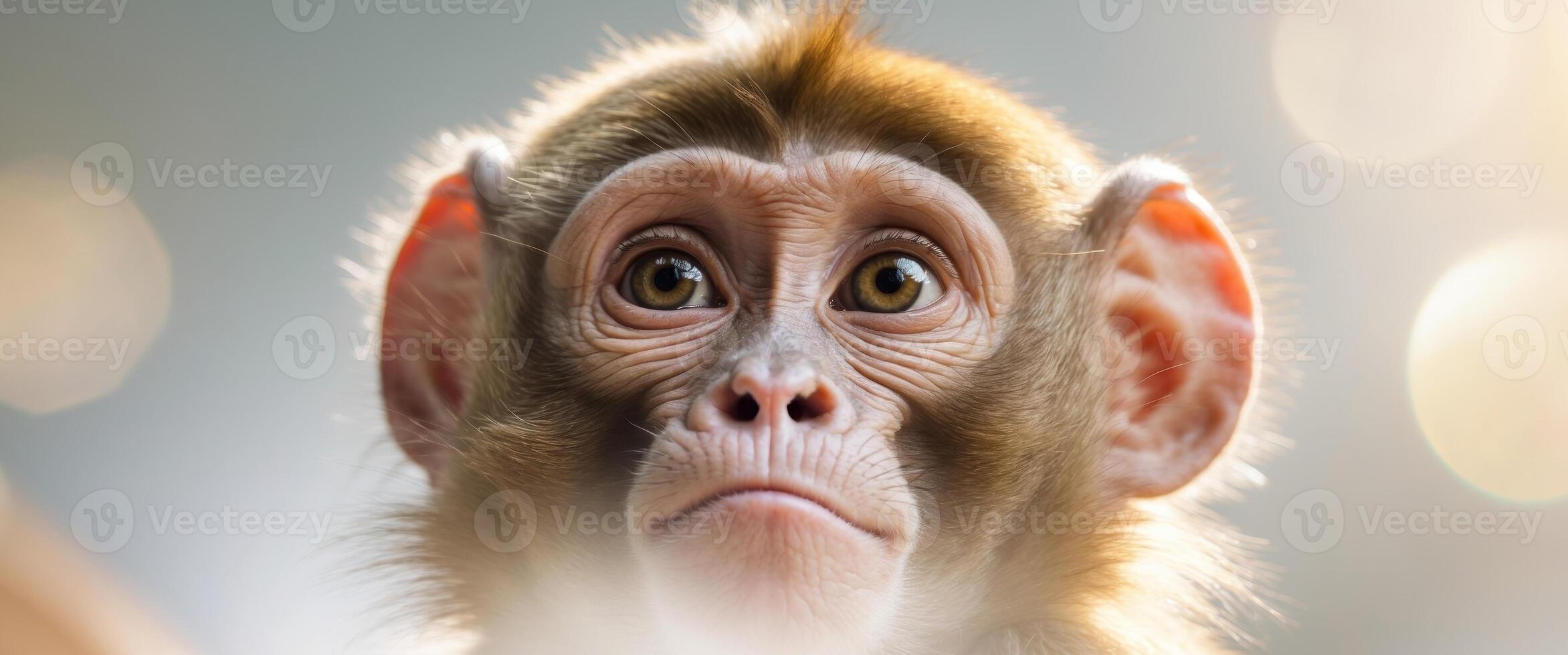 a monkey looking up at something with a blurry background behind it photo