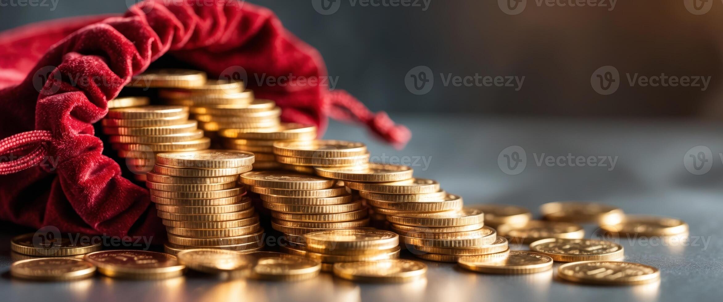 A stack of shimmering golden coins nestled within a sumptuous red velvet pouch representing the allure of wealth financial abundance and the promise of prosperity photo