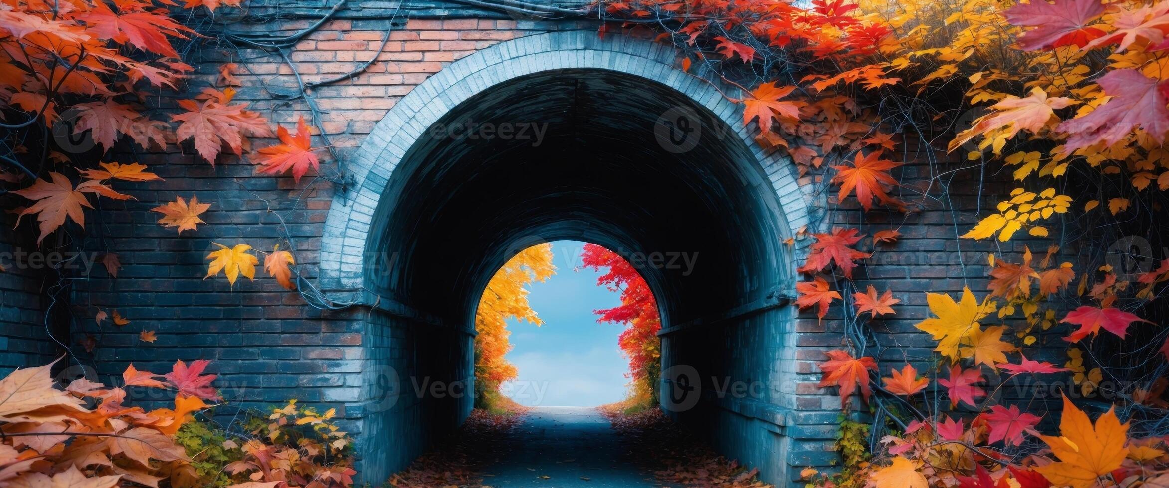Abandoned Brick Tunnel Entrance Overgrown with Autumn Leaves photo