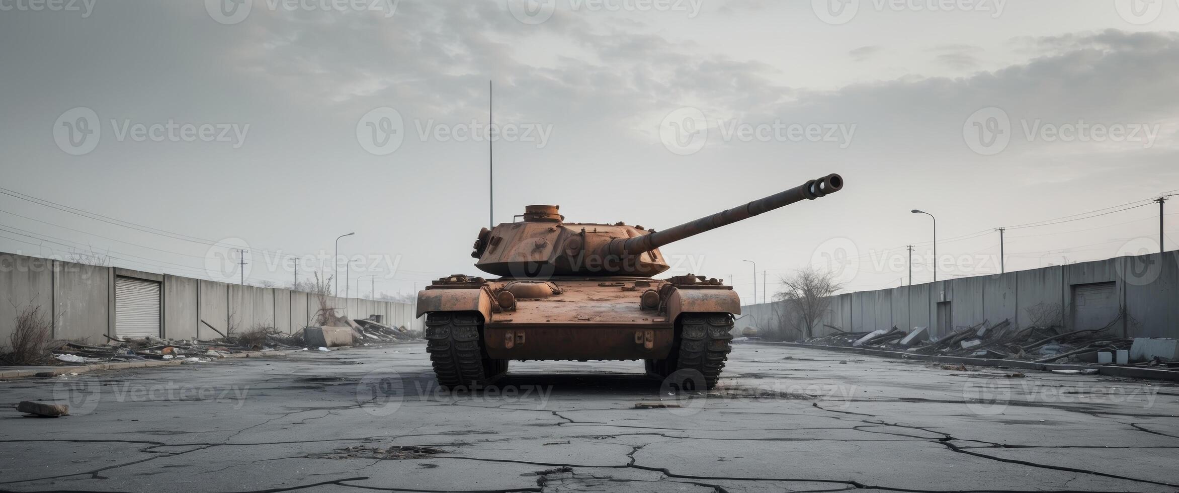 An abandoned tank stands in a deserted urban landscape under a cloudy sky photo