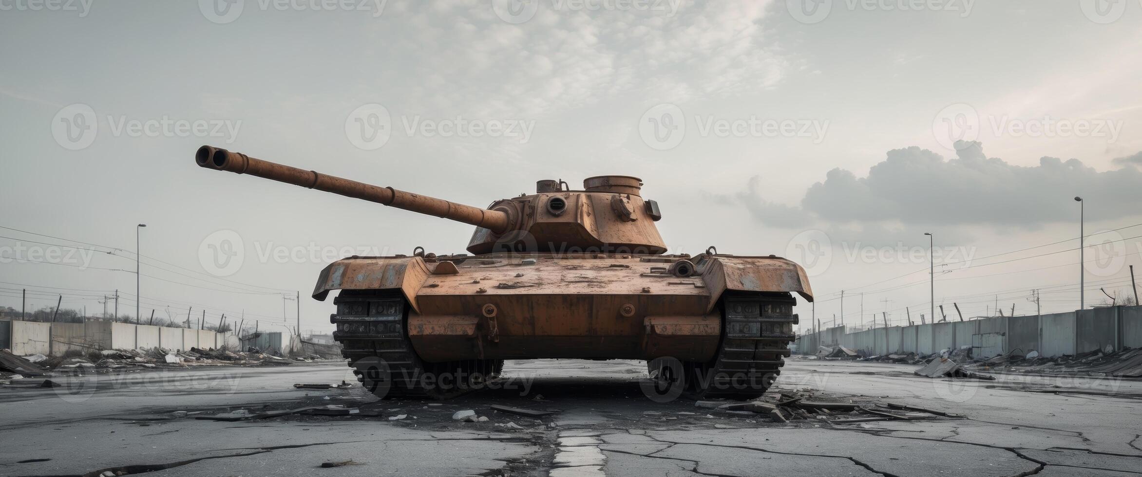 An abandoned tank stands in a deserted urban landscape under a cloudy sky. photo