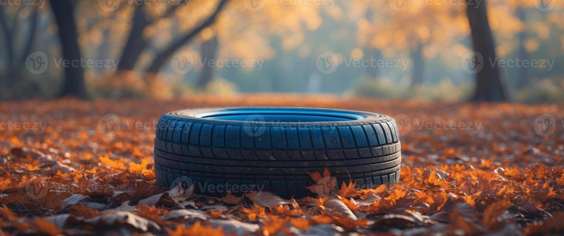 Blue Car Tire on Autumn Leaves in Nature Park. photo