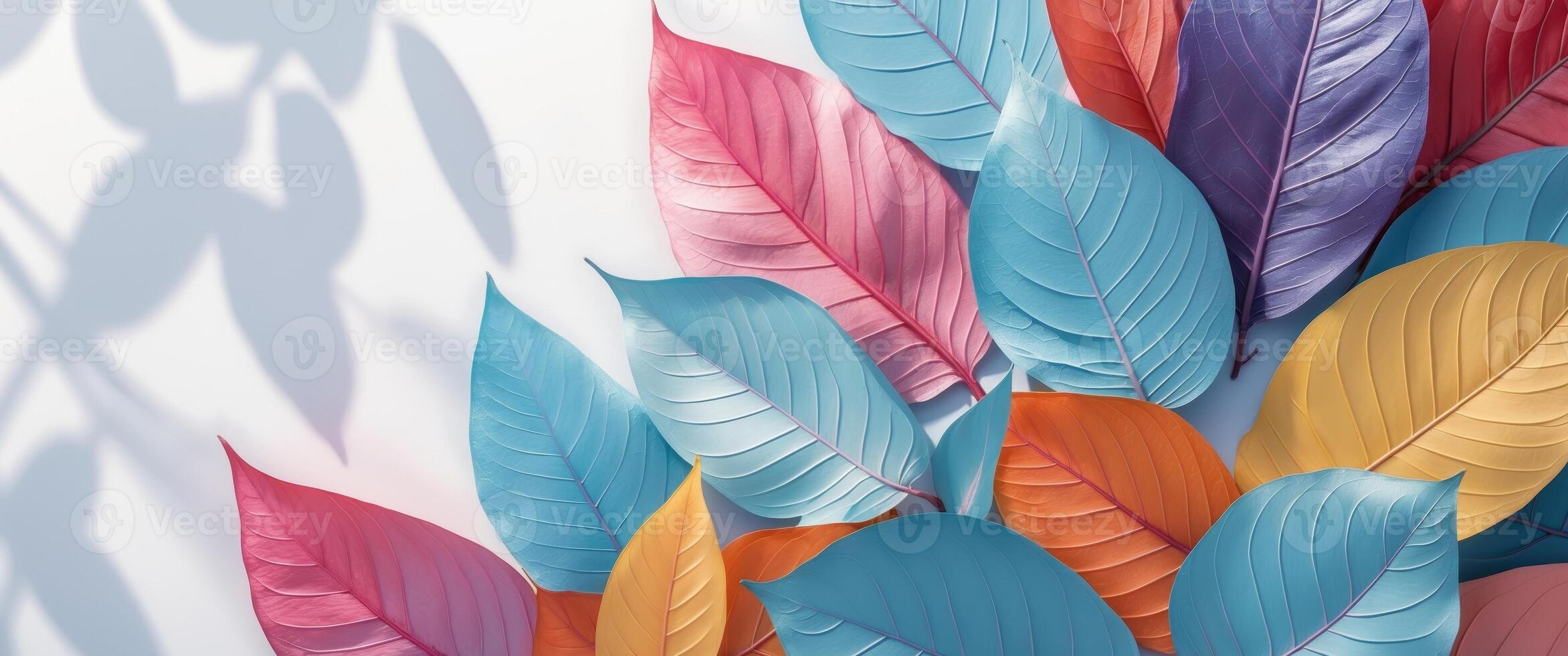 Colorful layered leaves in various shades creating a vibrant graphic layout for promotional use. photo