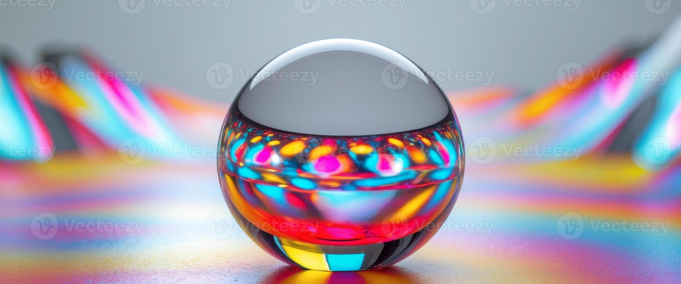 Crystal clear glass sphere reflecting vibrant lights on a colorful surface photo