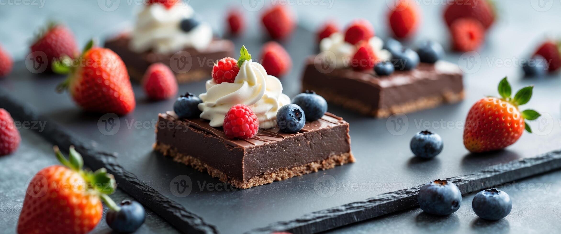 Decadent Chocolate Fudge Squares Garnished with Fresh Berries and Creamy Whipped Topping on a Dark Slate Surface photo