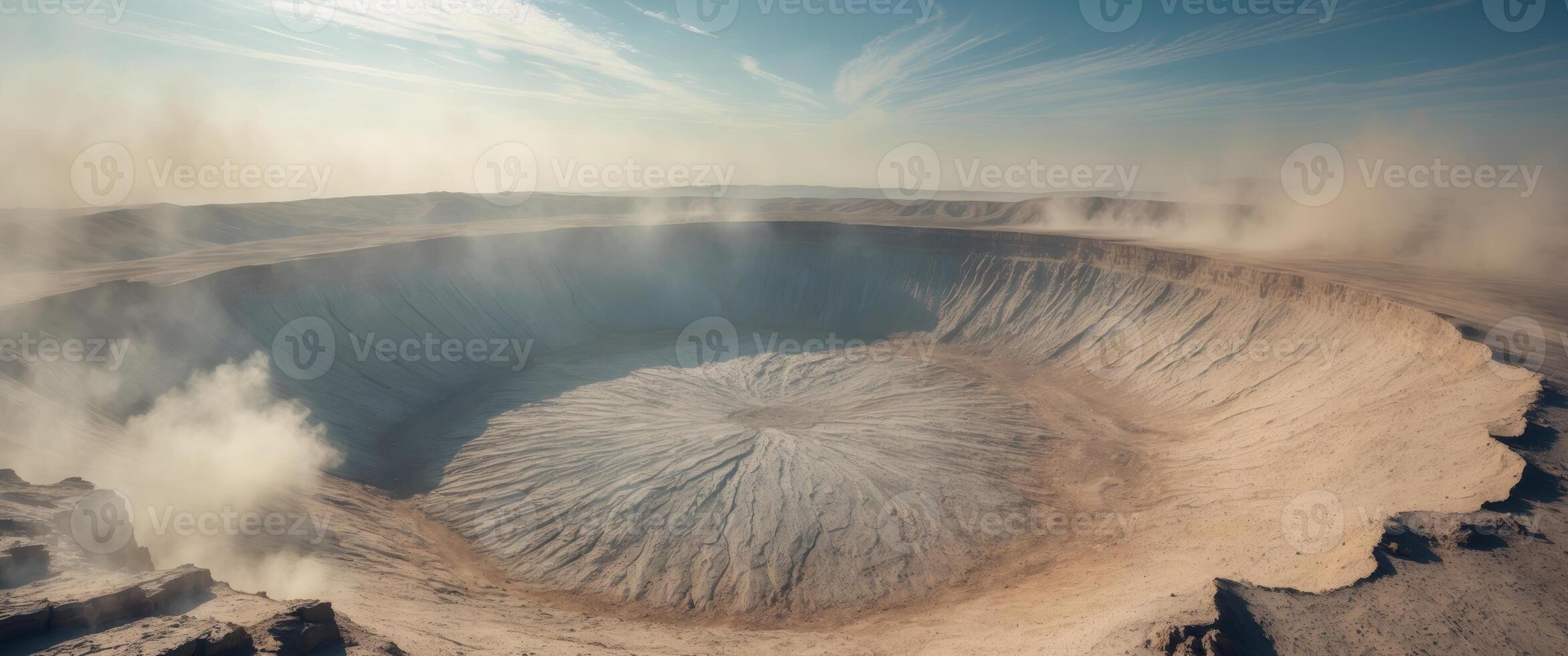 Dramatic Aerial View of a Deep Crater Possibly Meteor Impact Rocky Surface Dust Clouds photo