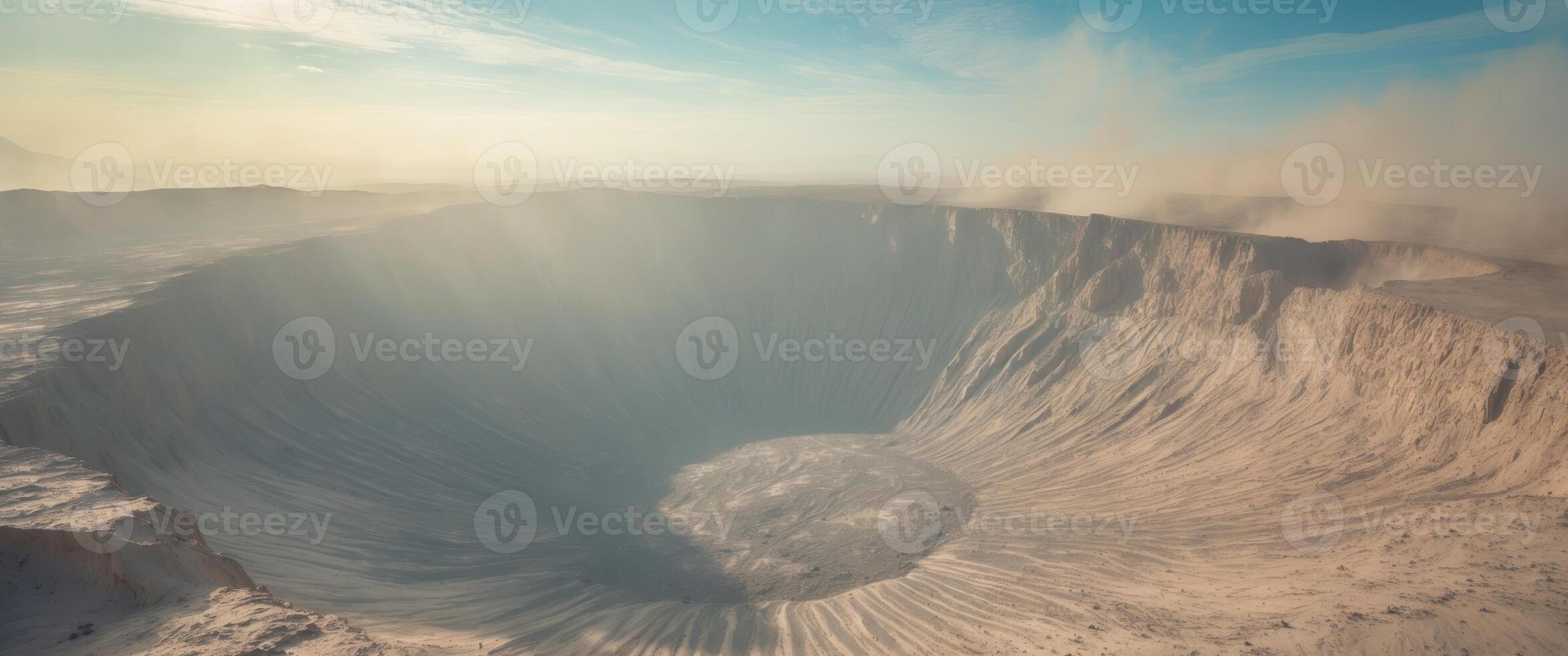 Dramatic Aerial View of a Deep Crater Possibly Meteor Impact Rocky Surface Dust Clouds. photo