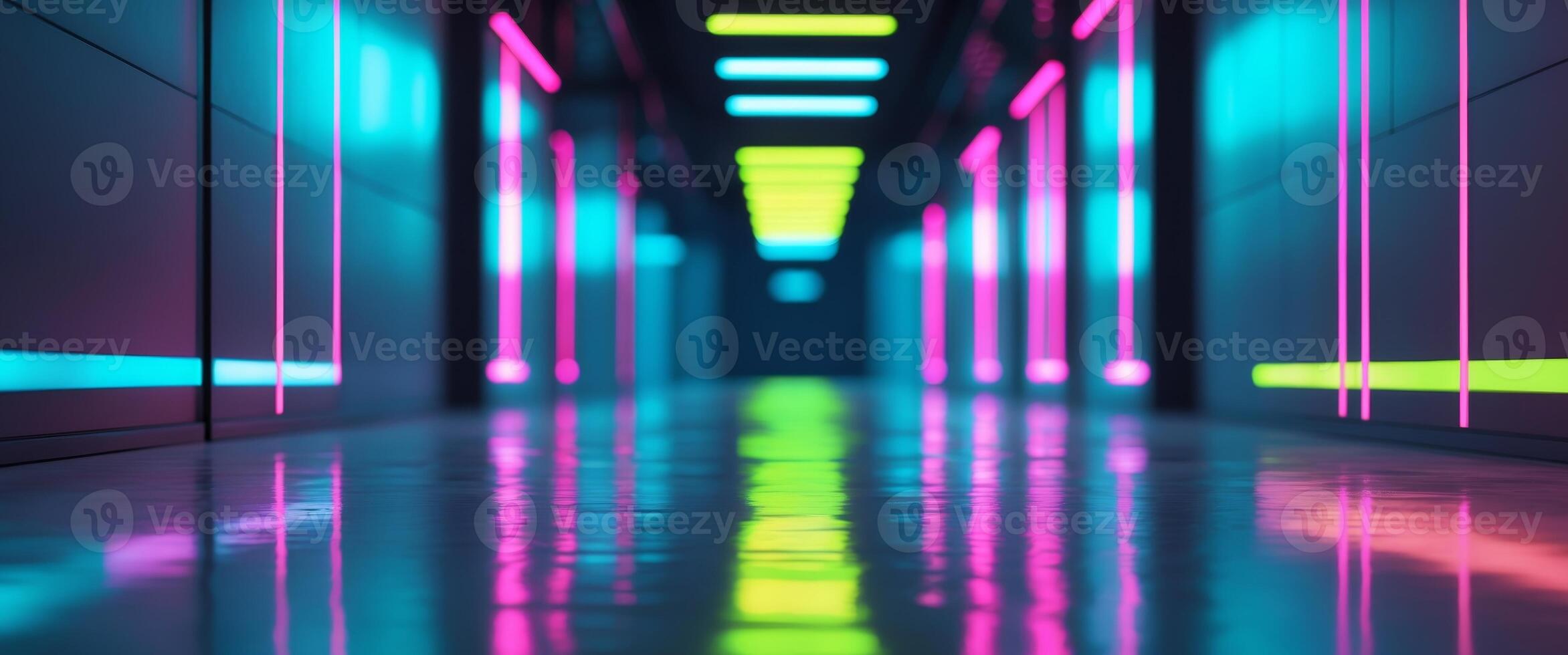 Futuristic corridor with neon lights on glossy floor. photo