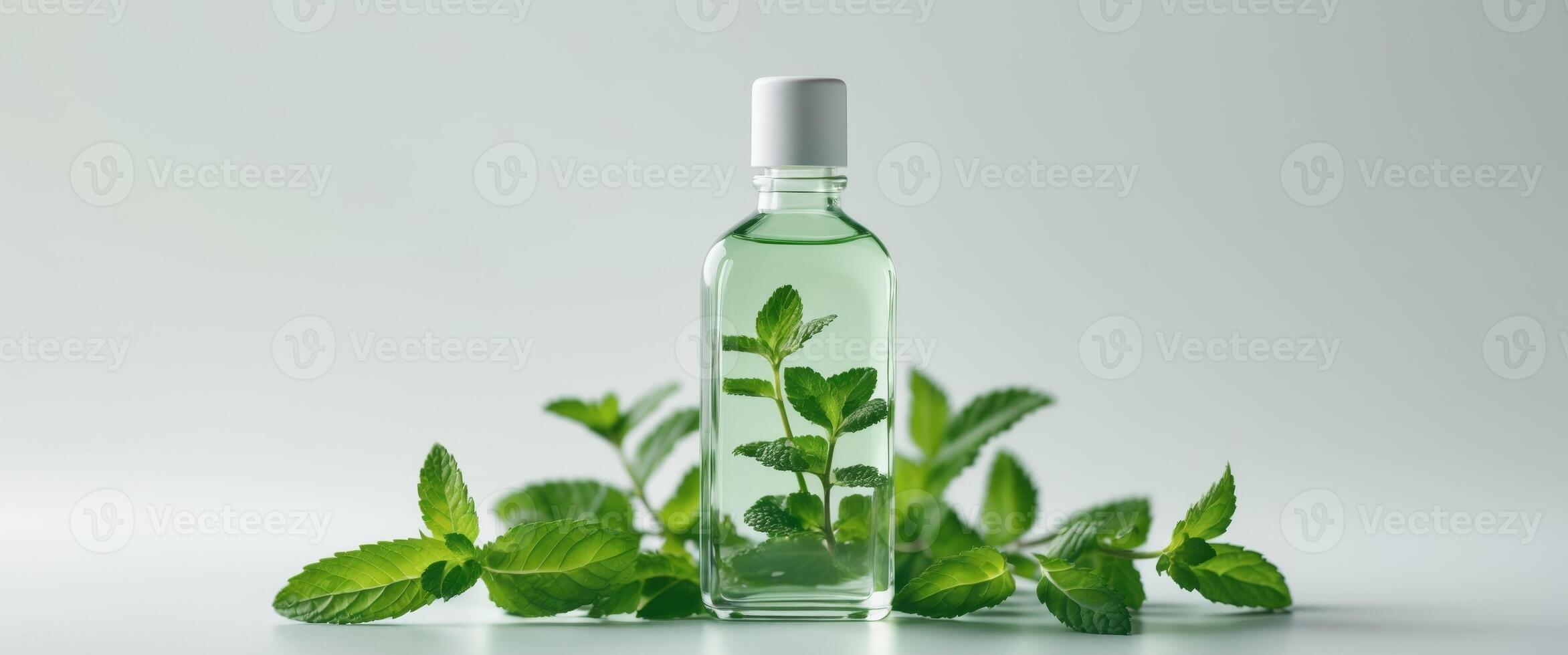 Mint extract bottle surrounded by fresh mint leaves for culinary and aromatic uses. photo