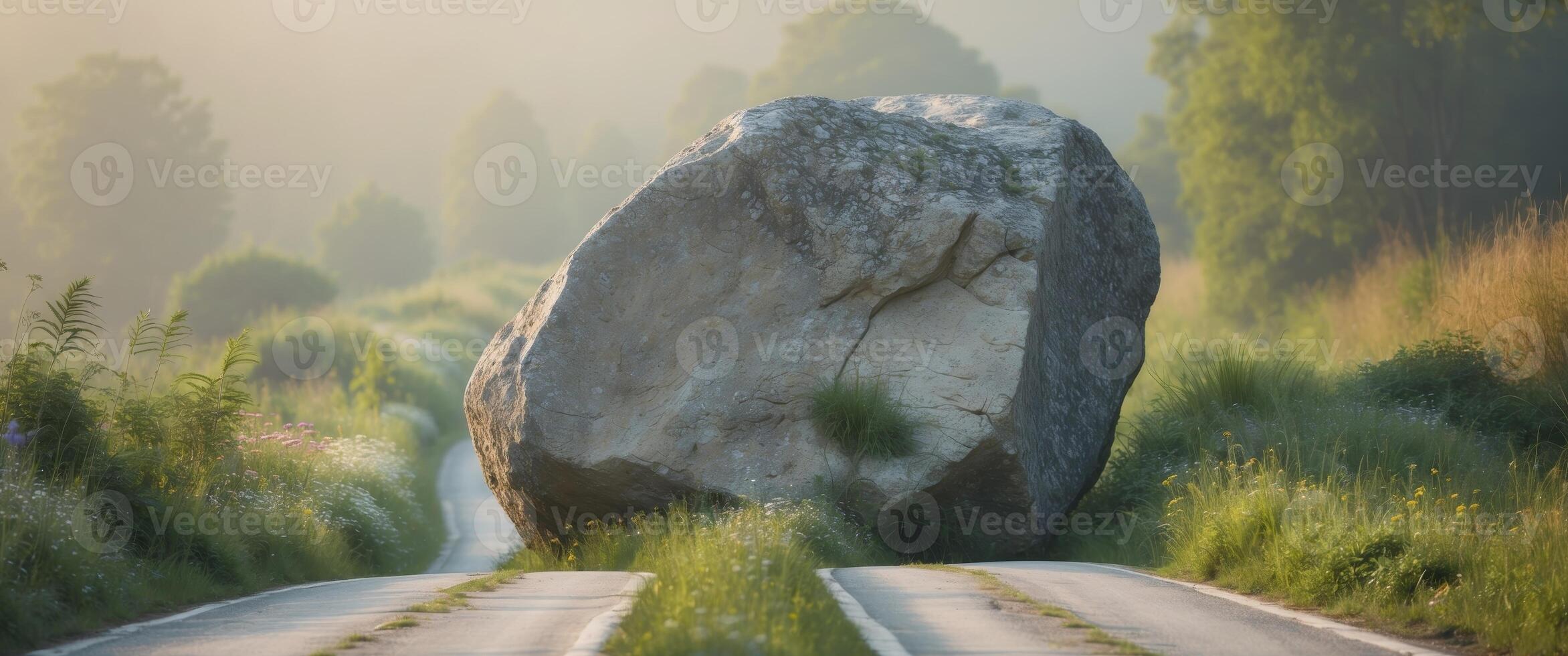Limestone boulder obstructing a rural road surrounded by overgrown vegetation in a tranquil natural setting photo
