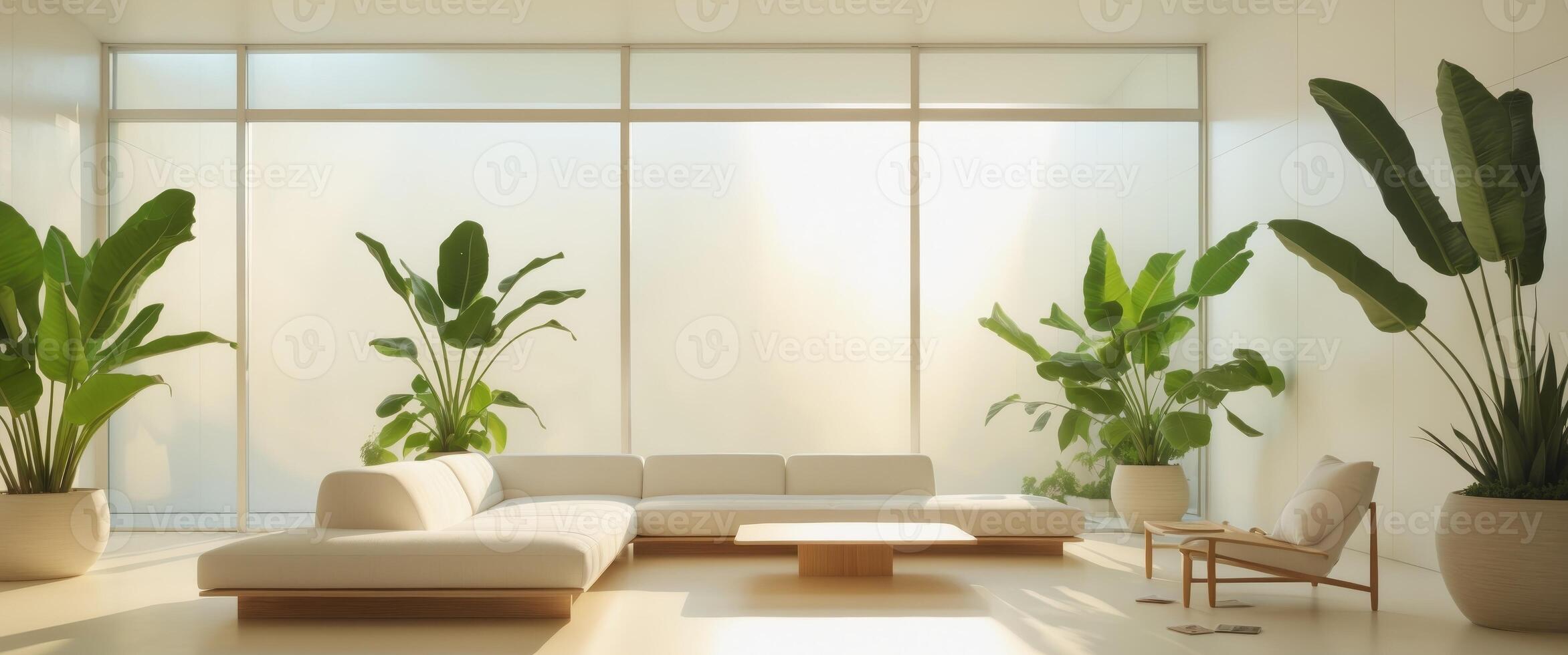 Modern living room with green plants and natural lighting through glass wall photo