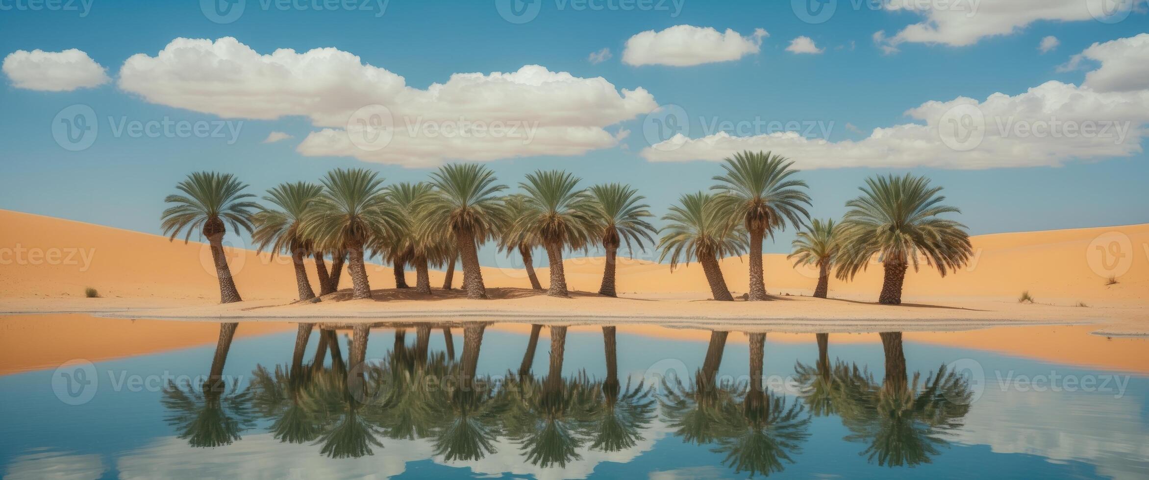 Oasis in the desert with tranquil waters and lush palm trees under a clear blue sky photo
