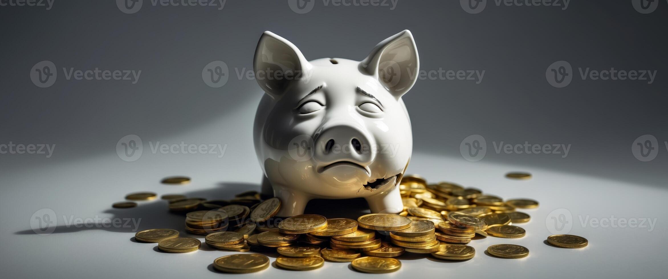 Piggy bank crying with coins scattered around on a grey background. photo