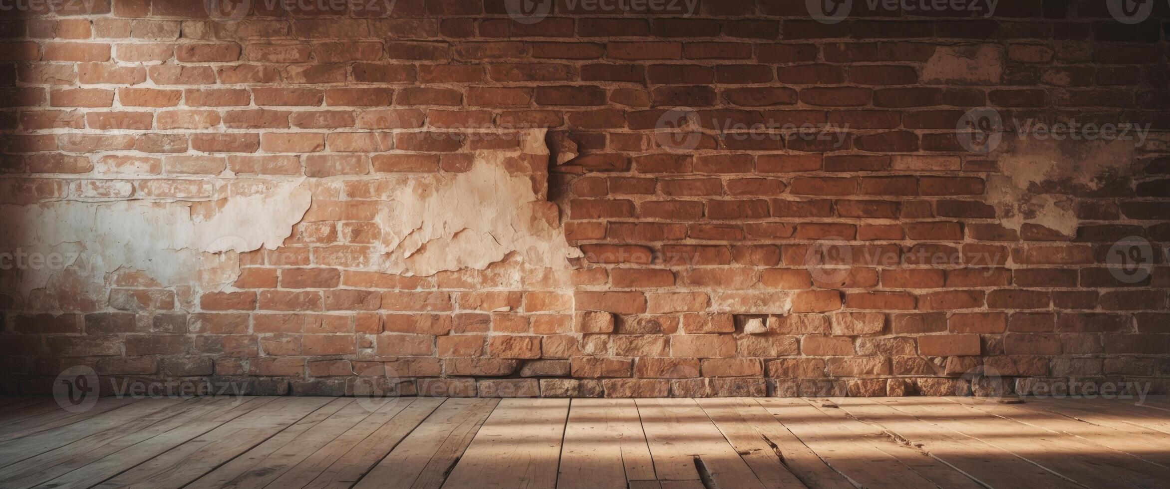 Rustic interior with an aged brick wall and worn wooden floor creating a moody atmosphere. photo