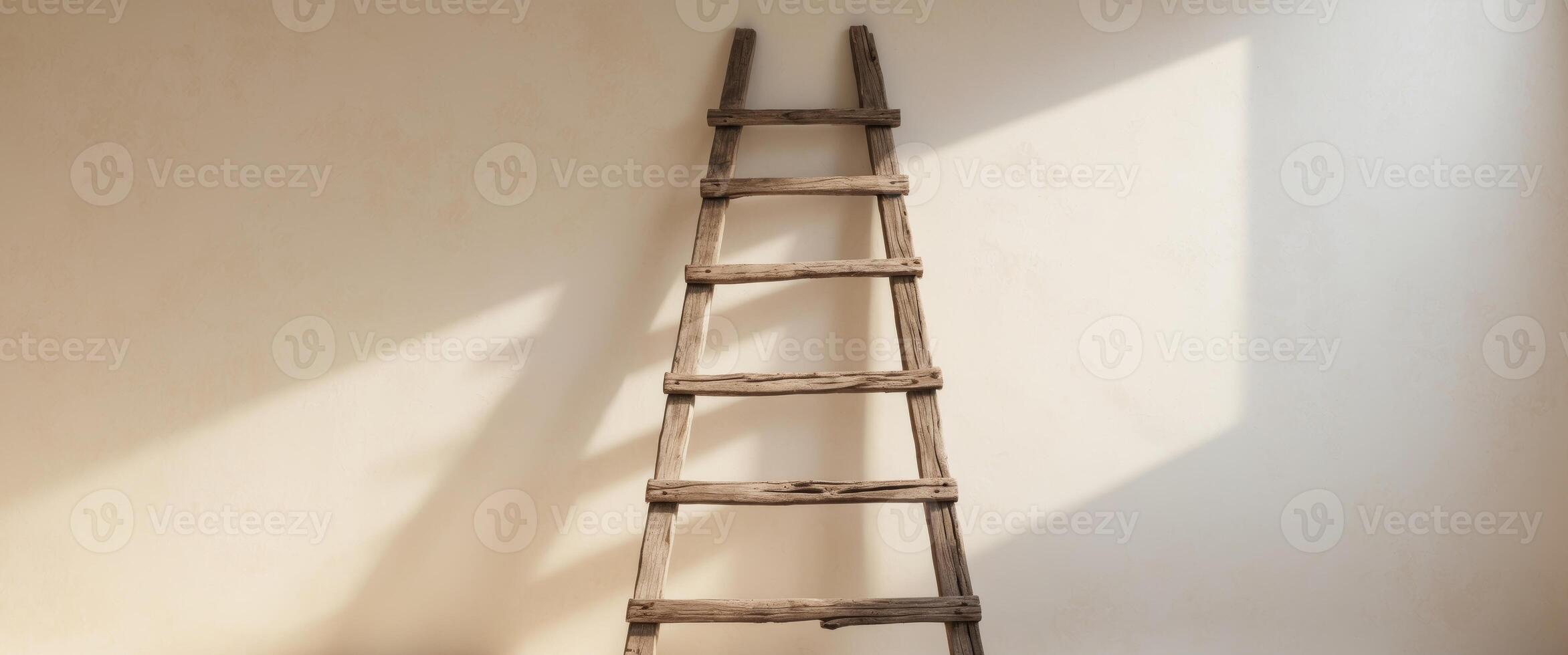 Rustic wooden ladder with weathered texture under soft natural daylight photo